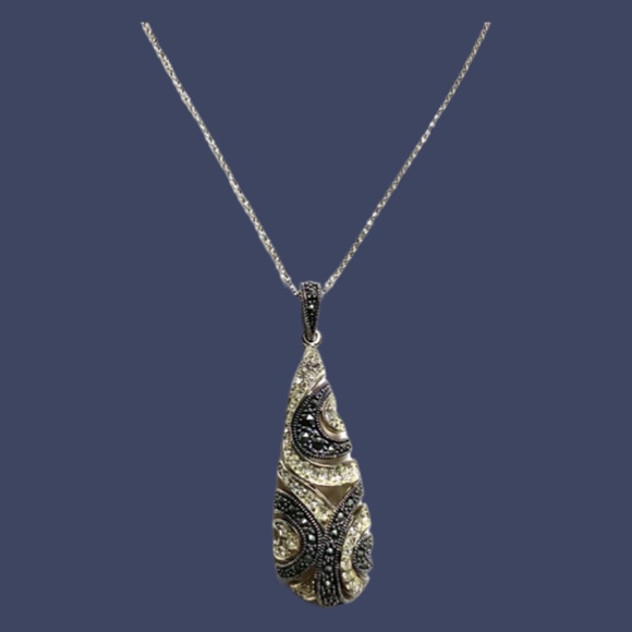 Sterling Silver, Marcasite & Crystal Teardrop Necklace - Picture 5 of 7